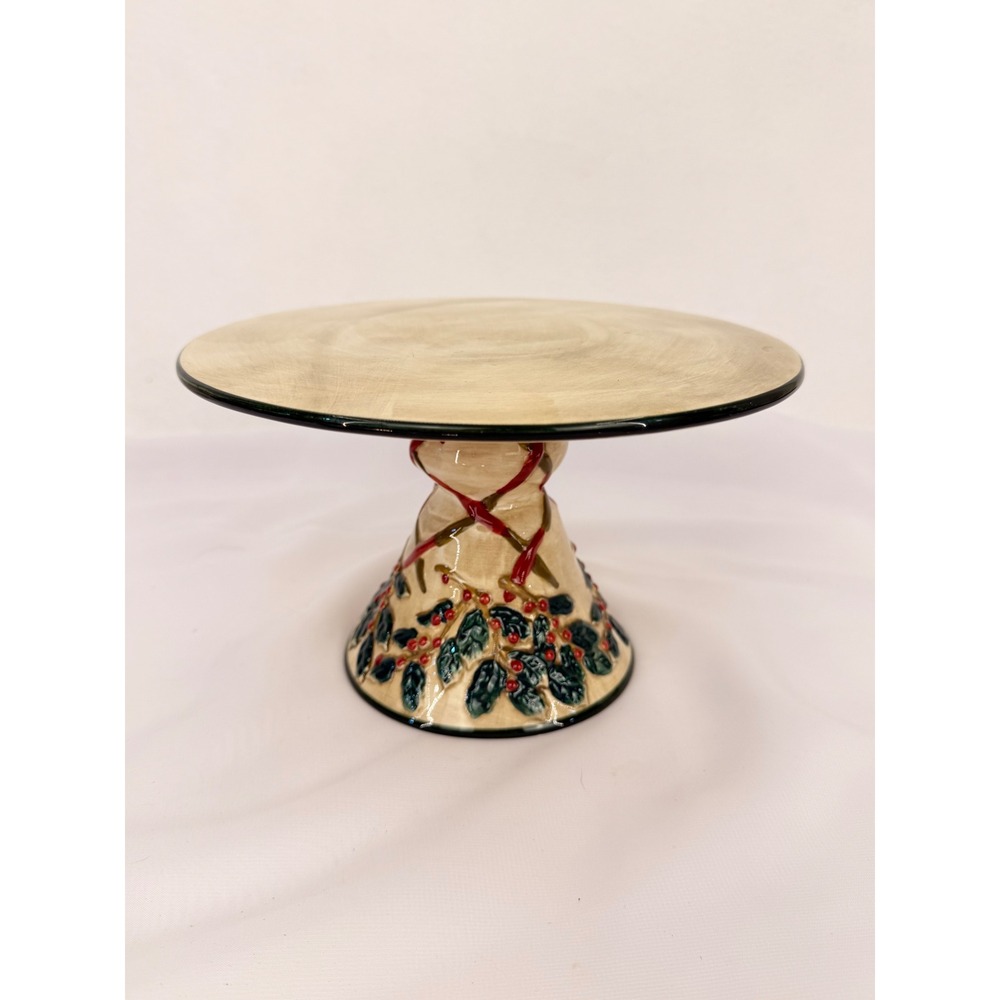 Ceramic Christmas Holly Berry Cake Stand Pedestal Server Cream Gold 8.25 Inch